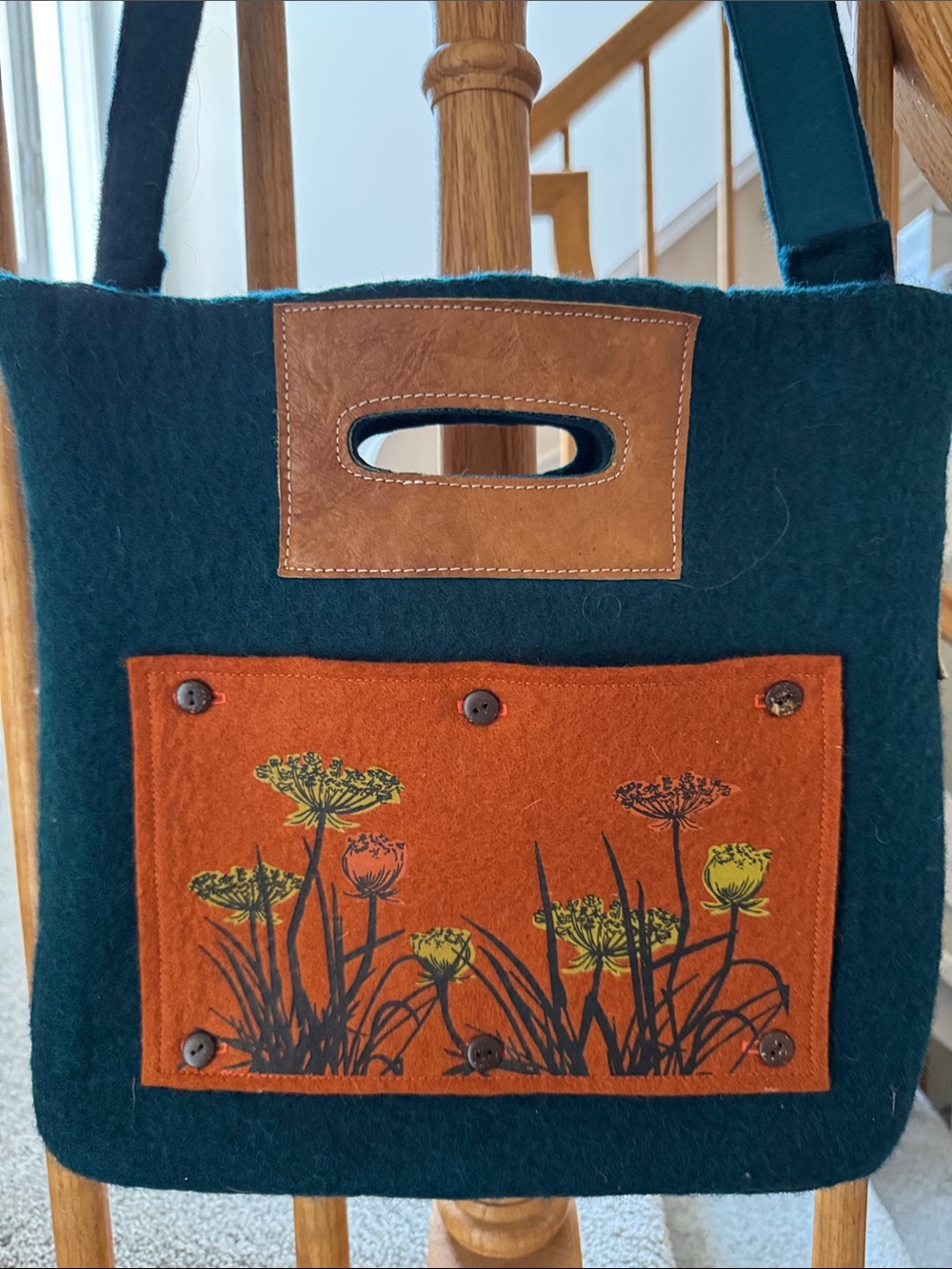 Teal Wool Felt Tote with Orange Floral Pocket and leather handle
